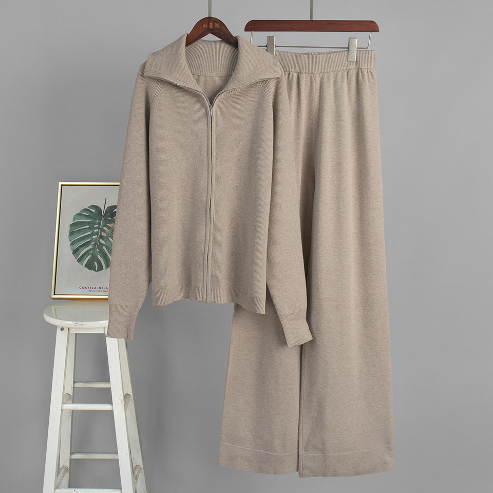 Bộ áo cardigan dệt kim khóa kéo phối quần dài ống rộng nữ — màu bột yến mạch, màu nâu, màu xám, trắng chi tiết 3