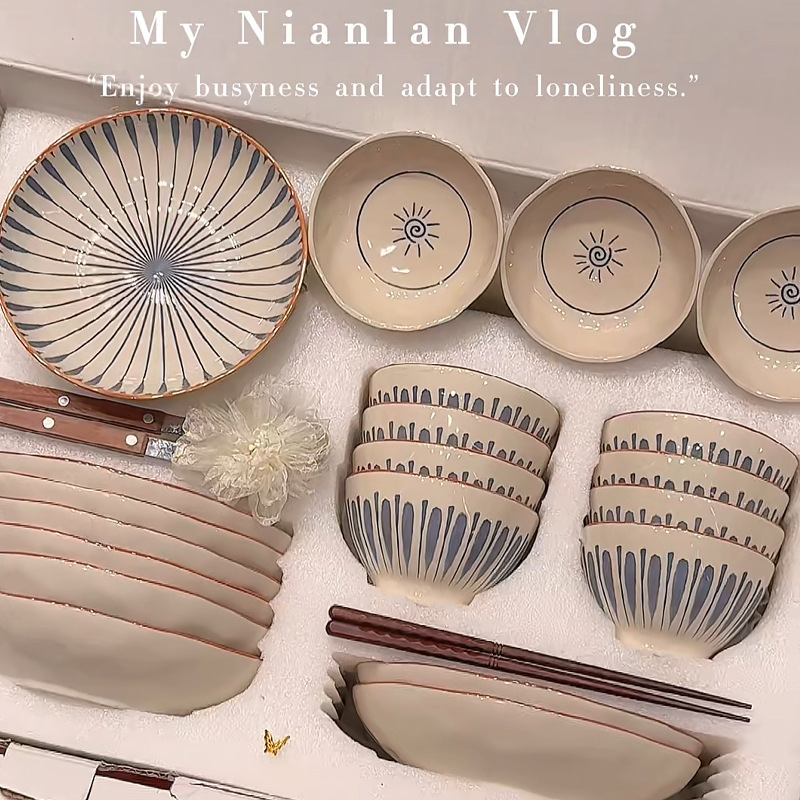 Japanese-Style Retro Tableware Ceramic Bowls and Plates for Home Use, Underglaze Color Rice Bowls, High-Value 2025 New Dish Plates