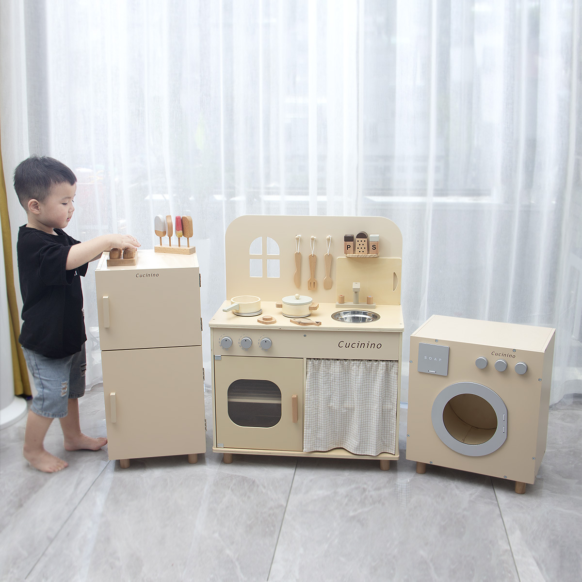 Children's Artificial Kitchen Refrigerator Washing Machine Set Cooking Play House Game Early Education Educational Toys Birthday Gift
