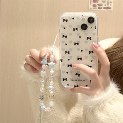 藍色愛心蝴蝶結鏈條適用iphone15Promax蘋果13/14手機殼11/12雙層