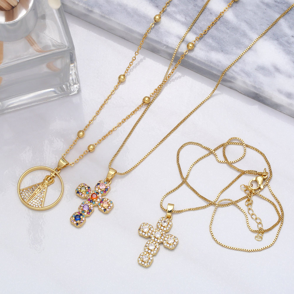 Fashion Copper Inlaid Colored Zircon Cross Pendant Necklace Jewelry display picture 4