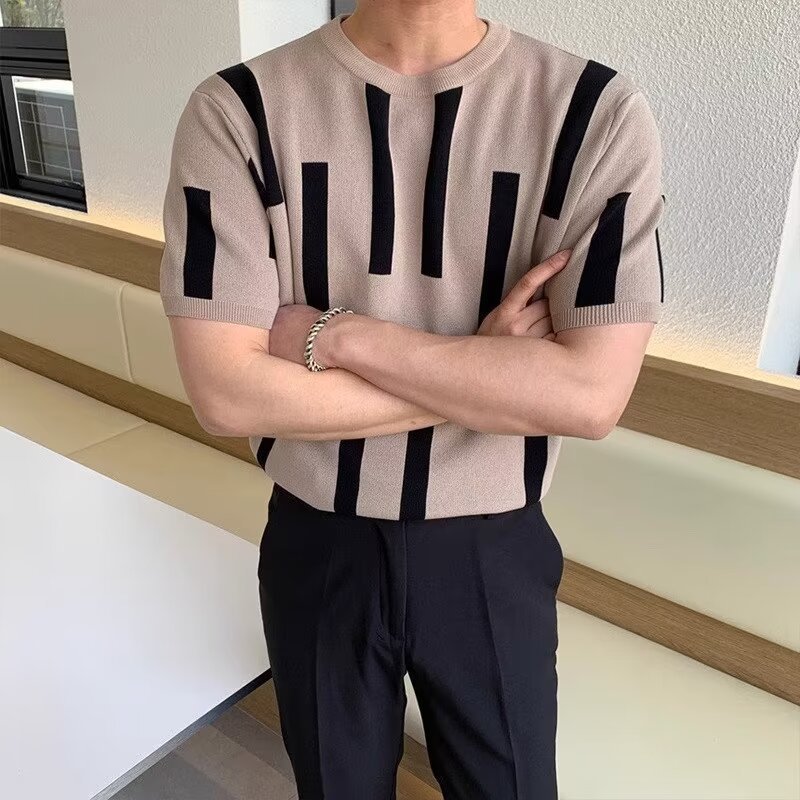 camiseta de punto de manga corta hombre rayas de contraste de color delgado antiguo estilo de negocios camiseta superior hielo seda fábrica de verano transfronteriza al por mayor