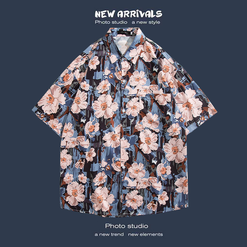 Camisa floral de manga corta Estilo de Hong Kong estilo retro de vetiver Estilo coreano moda guapo camisa de hombres y mujeres de moda y top de hadas