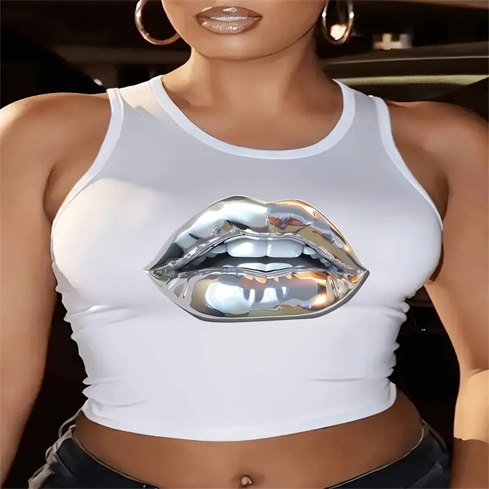 European American Style Cropped Printed Vest Sleeveless round Neck Tank Top for Women New Summer Hot Girl Look Blended Material_ecoleips.com