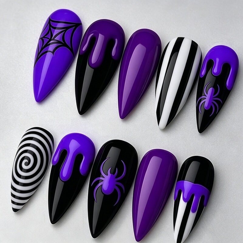 Purple Black Venom Spider Almond Wearable Nails Gothic Dark Halloween Manicure Black and White Swirl Striped Fake Nail Pieces Purple Black Venom Spider Almond Wearable Nails Gothic Dark Halloween Manicure Black and White Swirl Striped Fake Nail Pieces