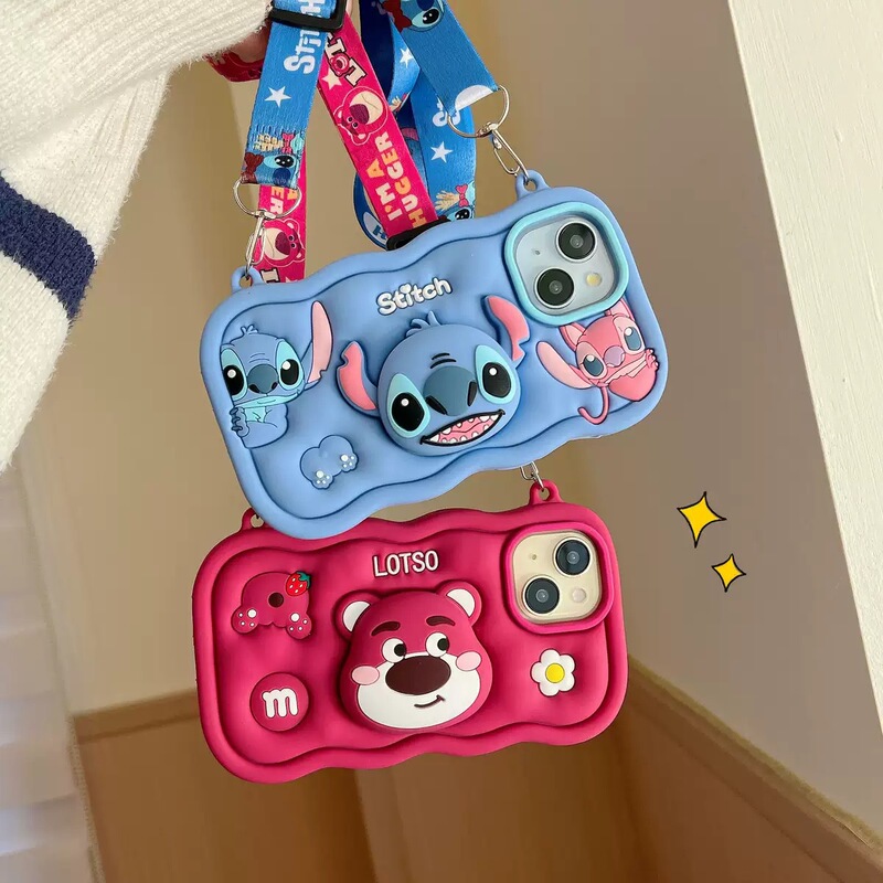 Suitable for Iphone16 Cute Cartoon 3D Silicone Stitch Kuromi Pattern Holder Lanyard Wallet Mobile Phone Case Suitable for Iphone16 Cute Cartoon 3D Silicone Stitch Kuromi Pattern Holder Lanyard Wallet Mobile Phone Case