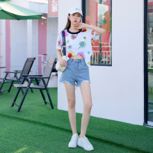 时尚韩版印花拼接撞色针织小可爱女装T桖来料加工贴牌加工定制