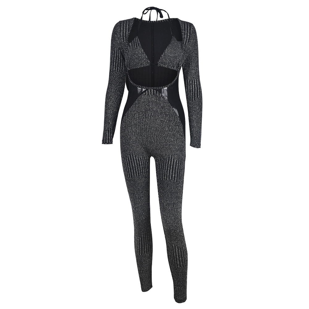 Autumn Winter Chest Wrapped Two Piece Set Lace up Cutout Nylon Long Sleeve Jumpsuit High Elastic Women Clothing