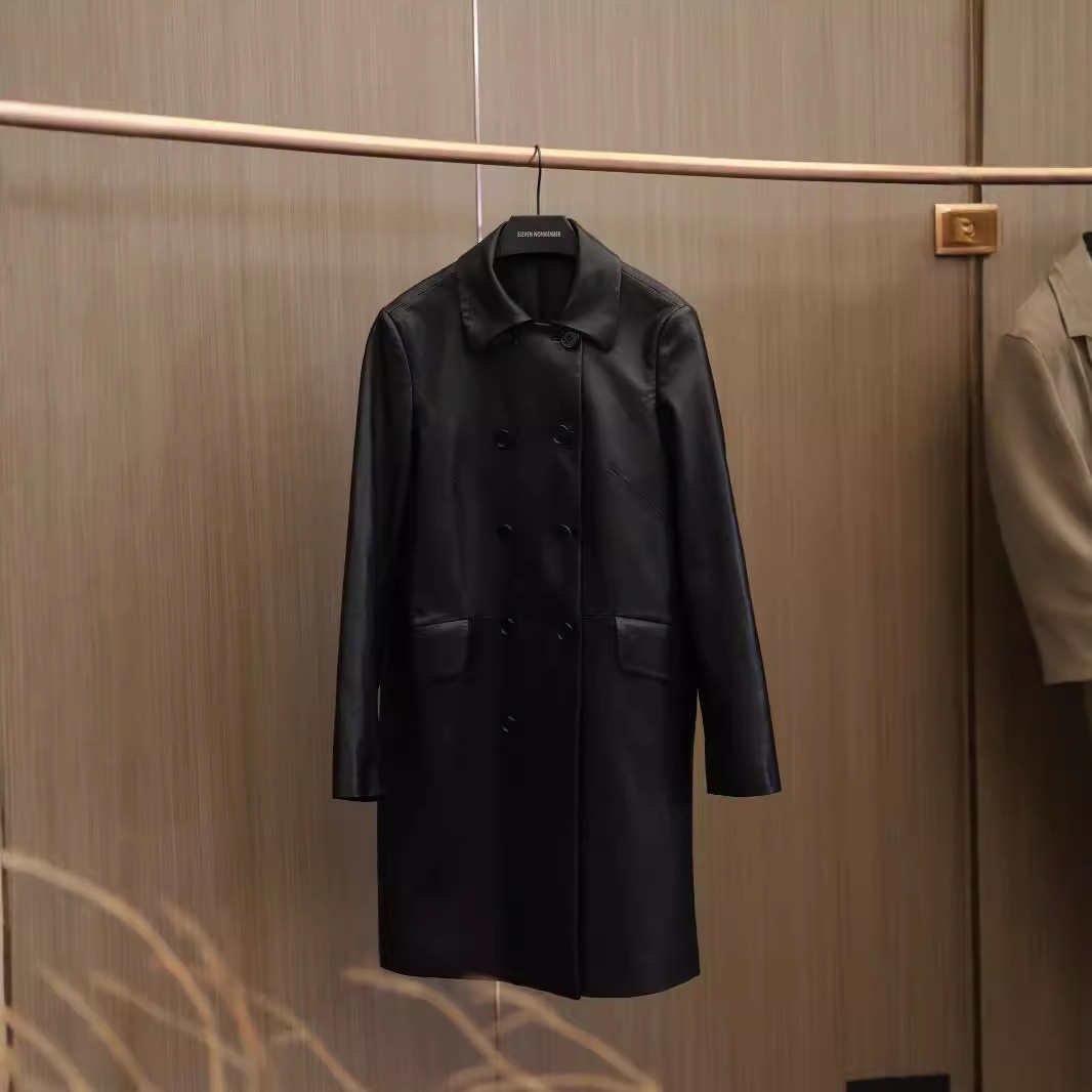 25 High-End Designer British Double-Breasted First-Layer Sheepskin Leather Coats for Women, Genuine Leather Mid-Length New Style Coats