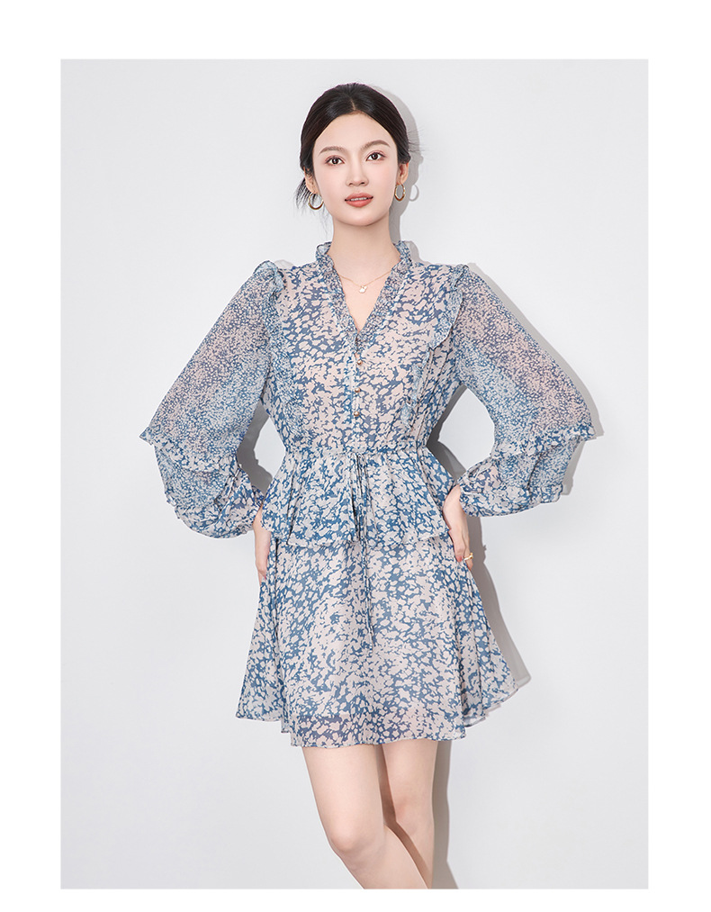 Váy liền maxi kiểu Pháp chít eo voan crepe in hoa chất lượng cao — Màu xanh lam chi tiết 7