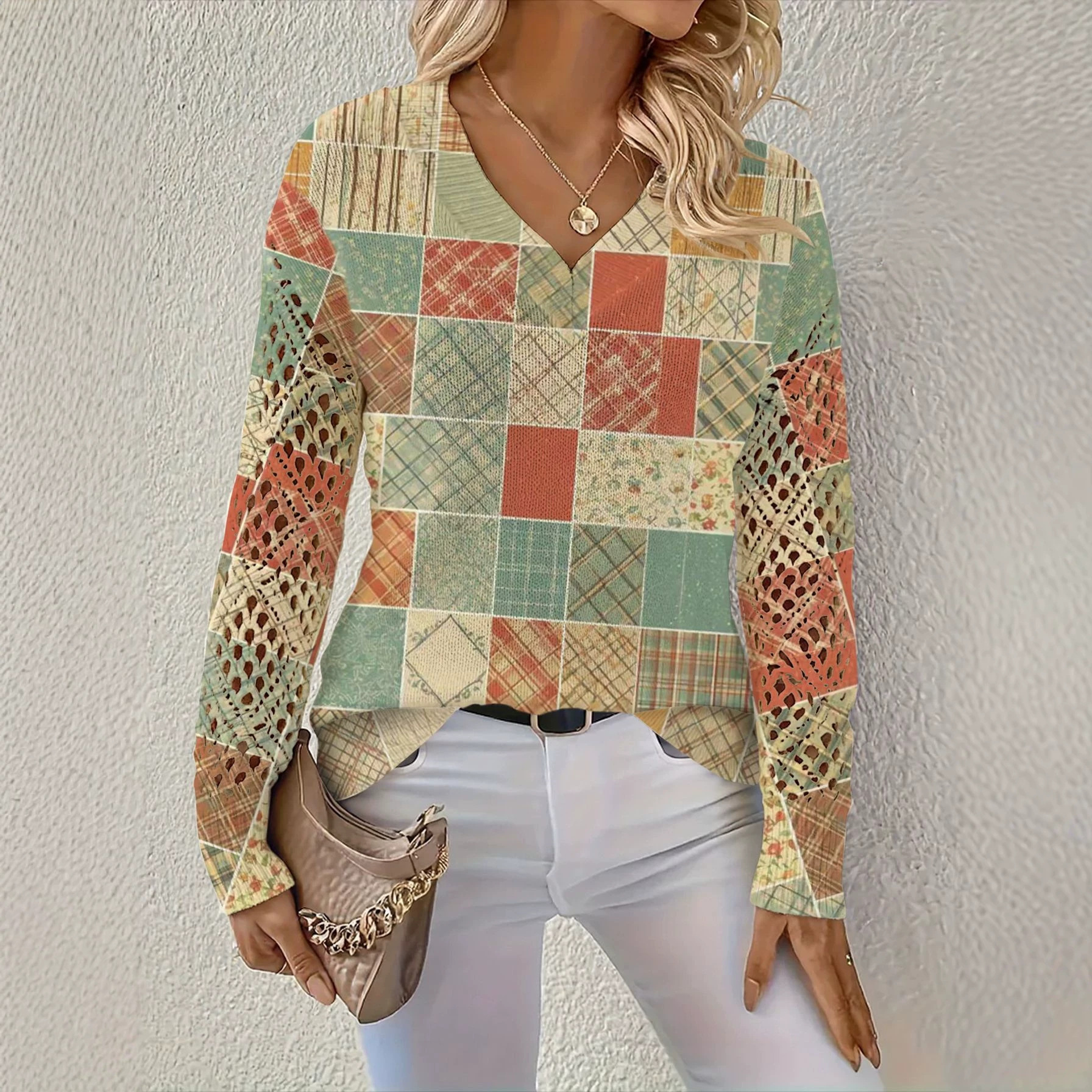 New Foreign Trade Women's Clothing Cross-Border V-Neck Top Amazon Printed European and American Popular Sweater Long-Sleeve Hollow-Out Pullover