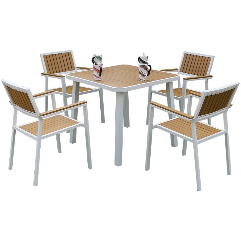 Mesa de madera de plástico al aire libre y silla combinación terraza patio al aire libre ocio balcón jardín mesa de té anti-corrosión madera impermeable mesa y silla conjunto