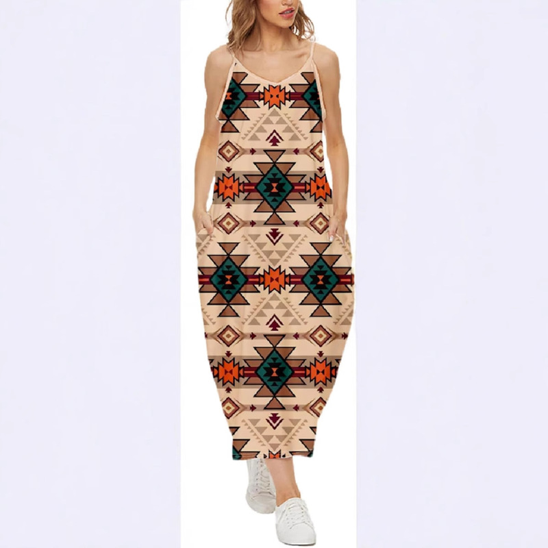 Native American Long Dress V-Neck Lace-Up Native Indian 3D Print Loose Summer Casual