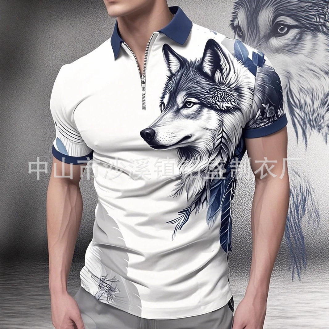 Amazon Cross-Border New Digital Printed Polo Shirt Customized Men's 3D Animal Pattern Half-Zip Fashion Short-Sleeved Shirt