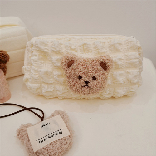 Korean style ins style cute plush bear head puff grid children's pencil bag bag kindergarten baby stationery storage bag