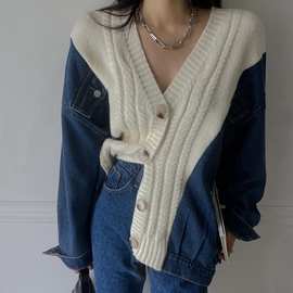 韩国ins 秋冬新品韩版慵懒感撞色针织毛衣拼接牛仔长袖宽松外套女