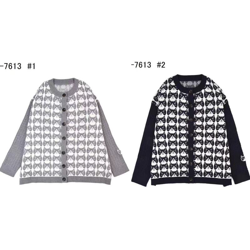 Japanese Style Kusuguru Cat Print Jacquard Sweater Women's Round Neck Cardigan Loose Casual Autumn and Winter Style 205