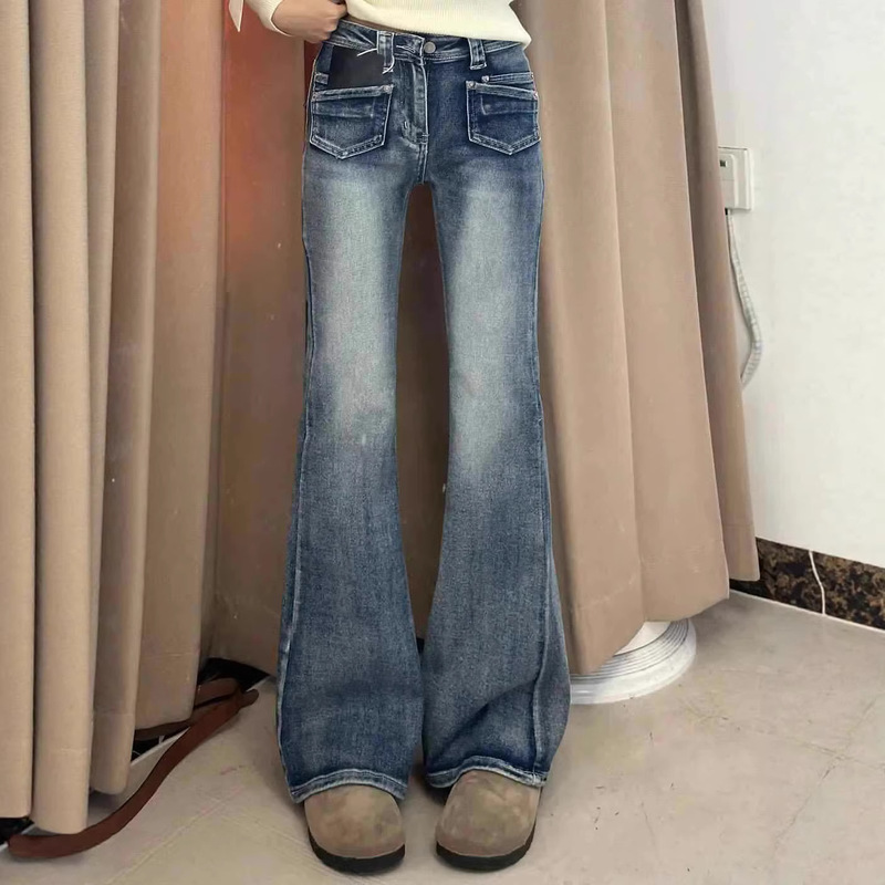 Low-Waist Floor-Length Flared Jeans for Women, 2026 Spring New Style, Multi-Pocket, Blue, Slim-Fit Straight-Leg Pants