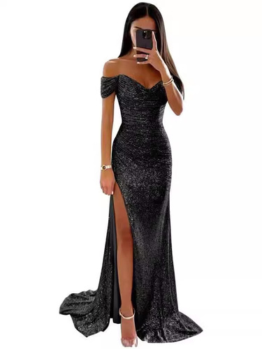 Cross-border best-selling foreign trade women's clothing independent station polyester sexy fine sparkly slits ballroom dress sequin dress new product