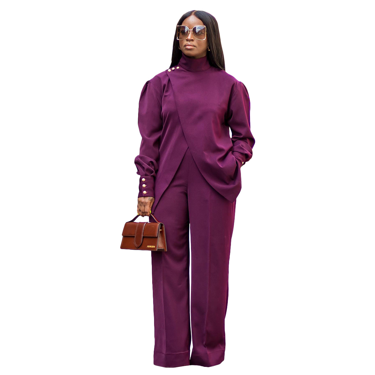 Women's Turtleneck Pant Set Two Piece Long Sleeve Split Outfit_voghion.com