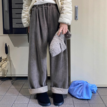 奶兔-自制 冬日特调高克重格纹卷边雪绒裤女显瘦休闲直筒裤子星球