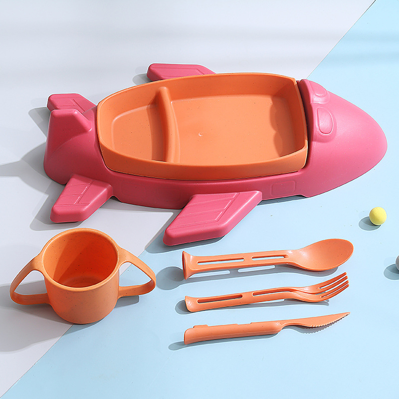 Plato de almuerzo de avión juego de seis piezas de dibujos animados de trigo jardín de infantes plato de comida para bebés vajilla de suplemento alimenticio para niños con taza, cuchillo, tenedor y cuchara image 8