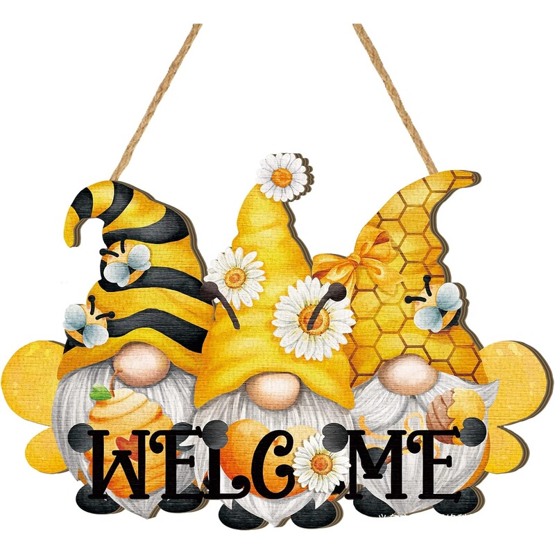 Bee Welcome Wooden Door Hanger Wooden Gnome Sign Farmhouse Wall Porch Art Summer Front Door Bee Welcome Wooden Door Hanger Wooden Gnome Sign Farmhouse Wall Porch Art Summer Front Door