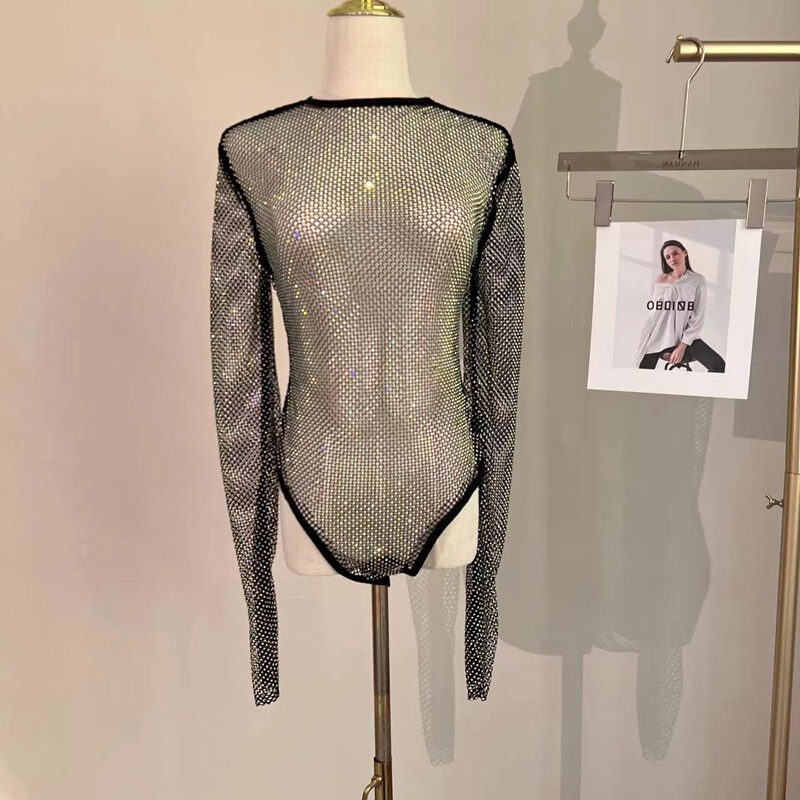 Mesh Sexy Hollow Out Jumpsuit Rhinestone Sexy Crewneck Tight See-through Jumpsuit Base Shirt Slim-fit