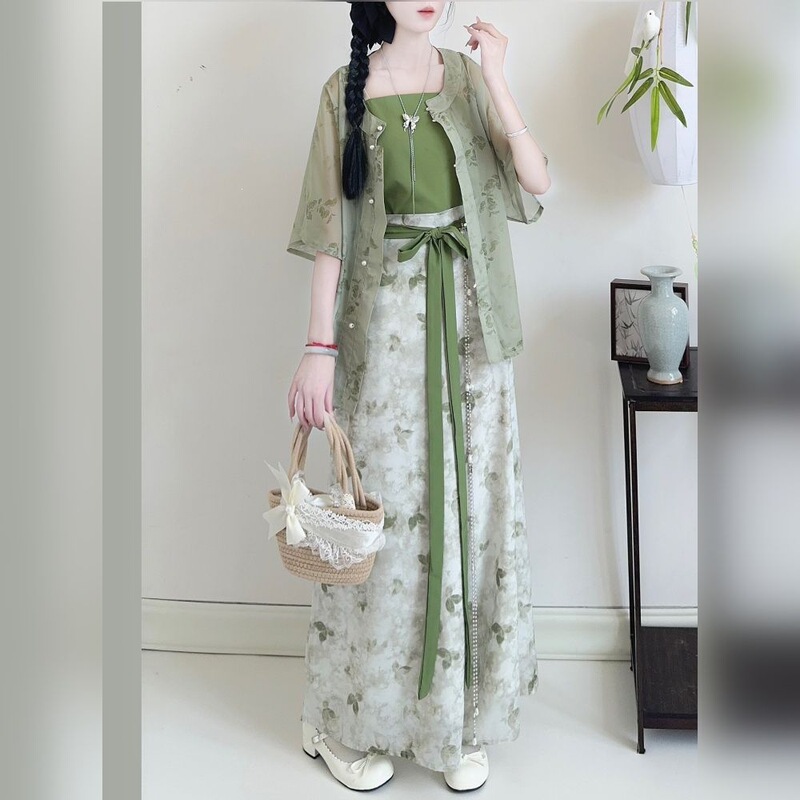 Hanfu for Women [Tea Color] New Chinese Style Summer Song Pants National Style Front-Button Short-Sleeve Daily Outfit Set