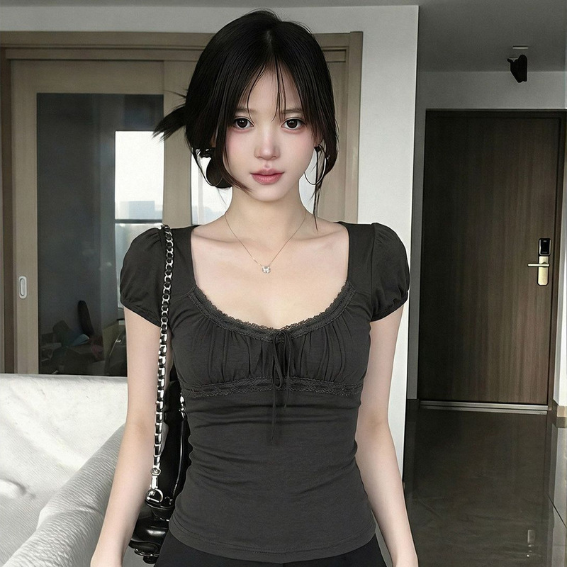 Summer New Sweet Style Lace-Trimmed Tie-Up Puff Sleeve T-Shirt for Women, Designed to Be Slim-Fitting and Versatile