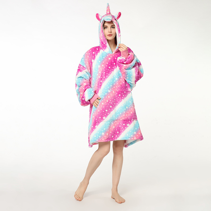 New Long-sleeve Flannel Plush Home Dress Pattern Hooded Laze Robe Comfortable Laze Blanket Woman