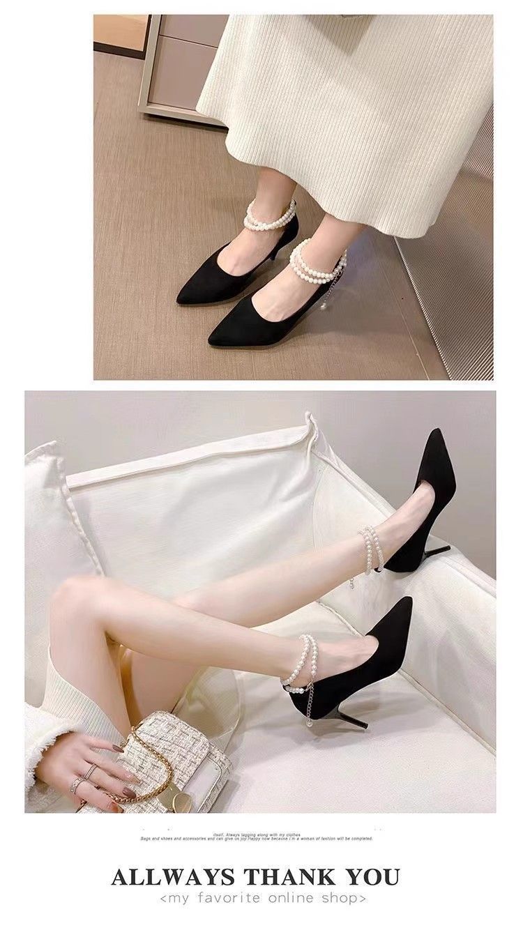 Pointed Toe Pumps 2024 New Model Pearl Suede High-End Fairy Black Thin Heel Non-Slip Strap High Heels For Women_voghion.com