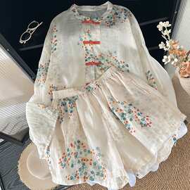 2025夏季新款新中式印花盘扣开衫上衣+碎花松紧腰五分休闲裤套装