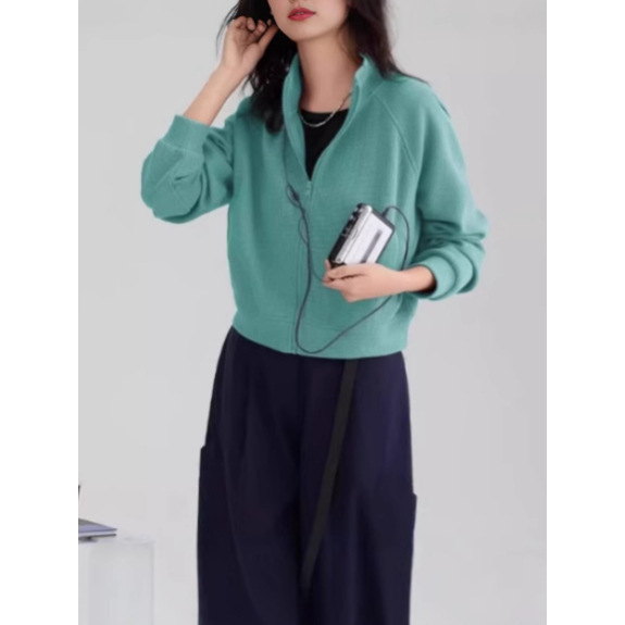 松弛感立领棒球服潮2025春秋款多巴胺吸睛色基础简约华夫格外套女|undefined