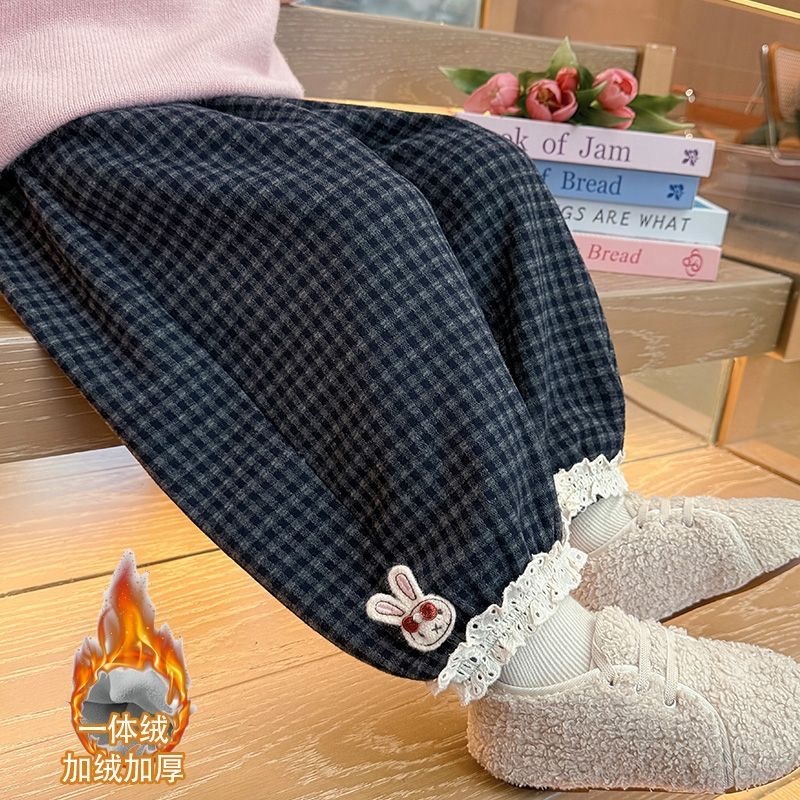 女童裤子2025秋冬新款宝宝绒花加绒格子中厚幼儿园爆款潮流