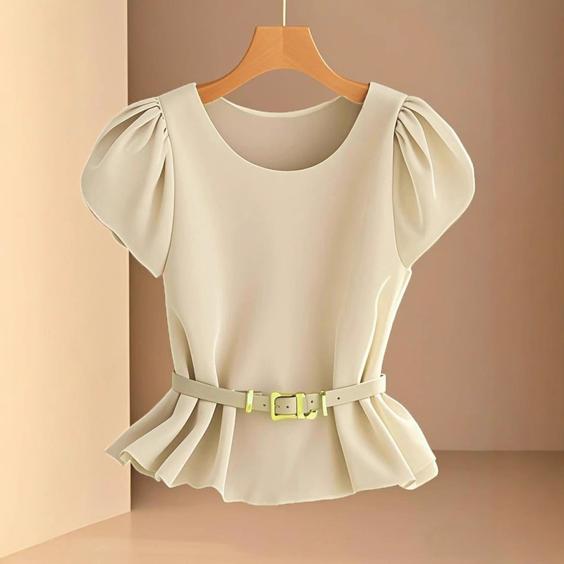 Soft, Comfortable, Fashionable French-Style Light Mature Niche Versatile Elegant Ruffled Round Neck Women's Shirt & Without Belt