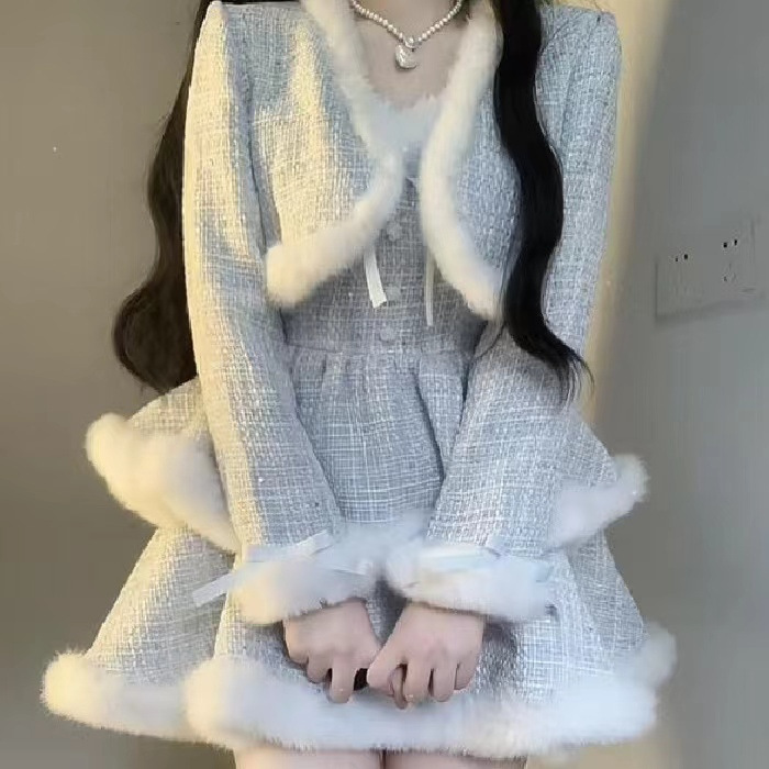 秋冬新款毛毛拼接蓬蓬裙吊带裙+短款蓝色外套小个子绝美时尚套装|undefined