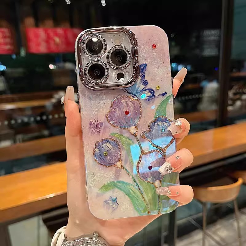 Hermosa pintura al óleo in tulipán mariposa para iPhone15 niña 16ProMax Apple 14/13 funda para teléfono móvil