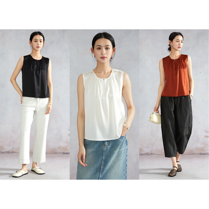 19 Momme Stretch Satin Silk Sleeveless Vest Top for Women, Made of Mulberry Silk, with a Buttoned Design for a Stylish Commute Look