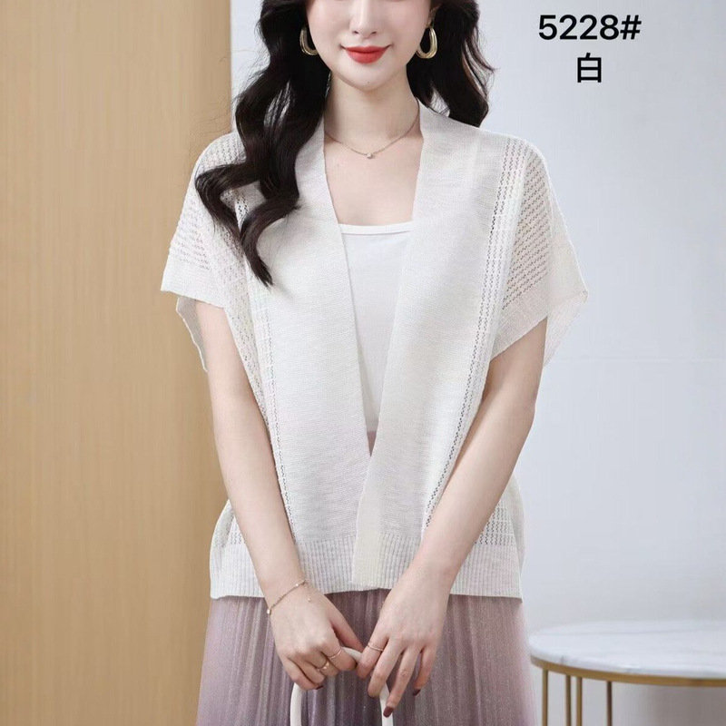 Summer New Style Hollow-Out Knit Cardigan for Women, Short-Sleeved, Thin Sun-Protective Shawl, Versatile Air-Conditioned Room Top 5228