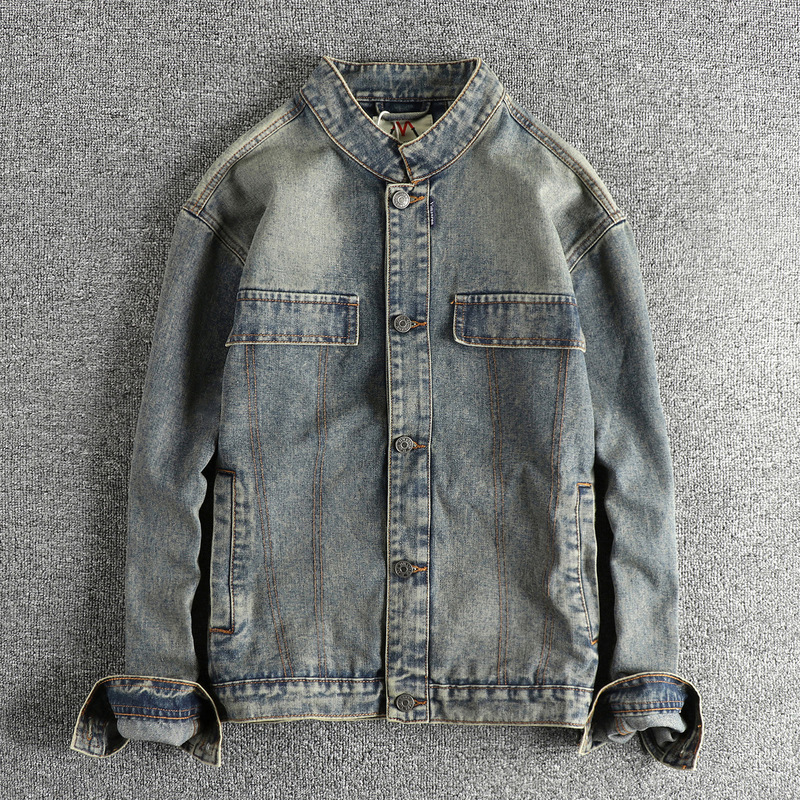 Heavyweight American Retro Trend Motorcycle Denim Jacket Men's Vintage Washed Short Stand Collar Workwear Coat Top Heavyweight American Retro Trend Motorcycle Denim Jacket Men's Vintage Washed Short Stand Collar Workwear Coat Top