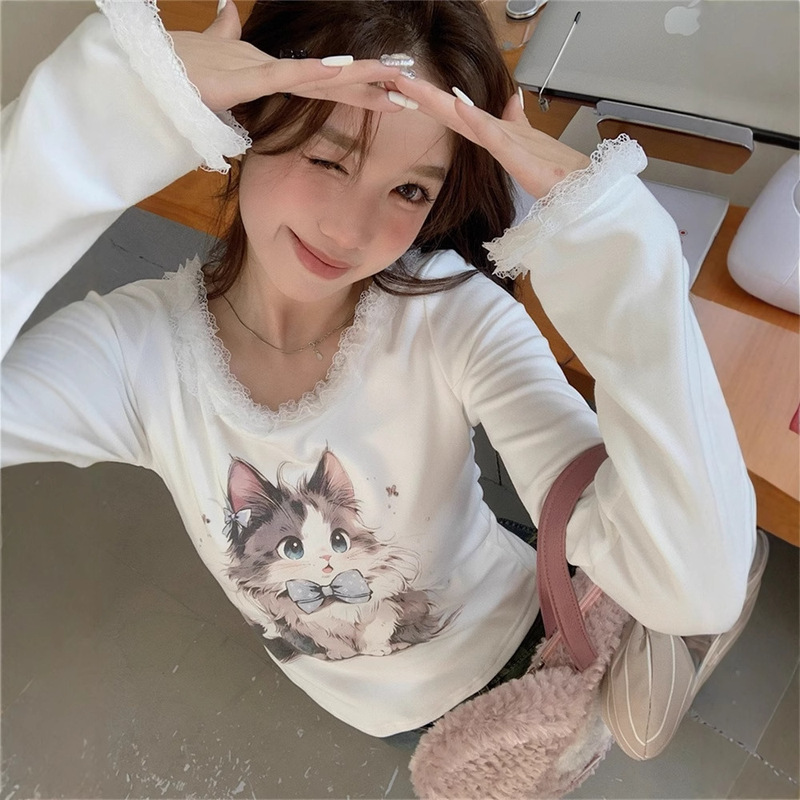 Derong Fabric, Pure Lust Style, Cute Cat Lace Edge Fleece-Lined Bottoming Shirt for Women, Slim-Fitting Crop Top