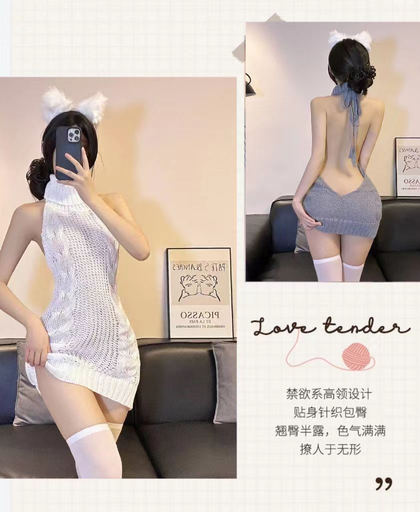 Sexy Open-Crotch Workplace Sweater Uniform with Bow Stockings, Black One Size — detail image 5