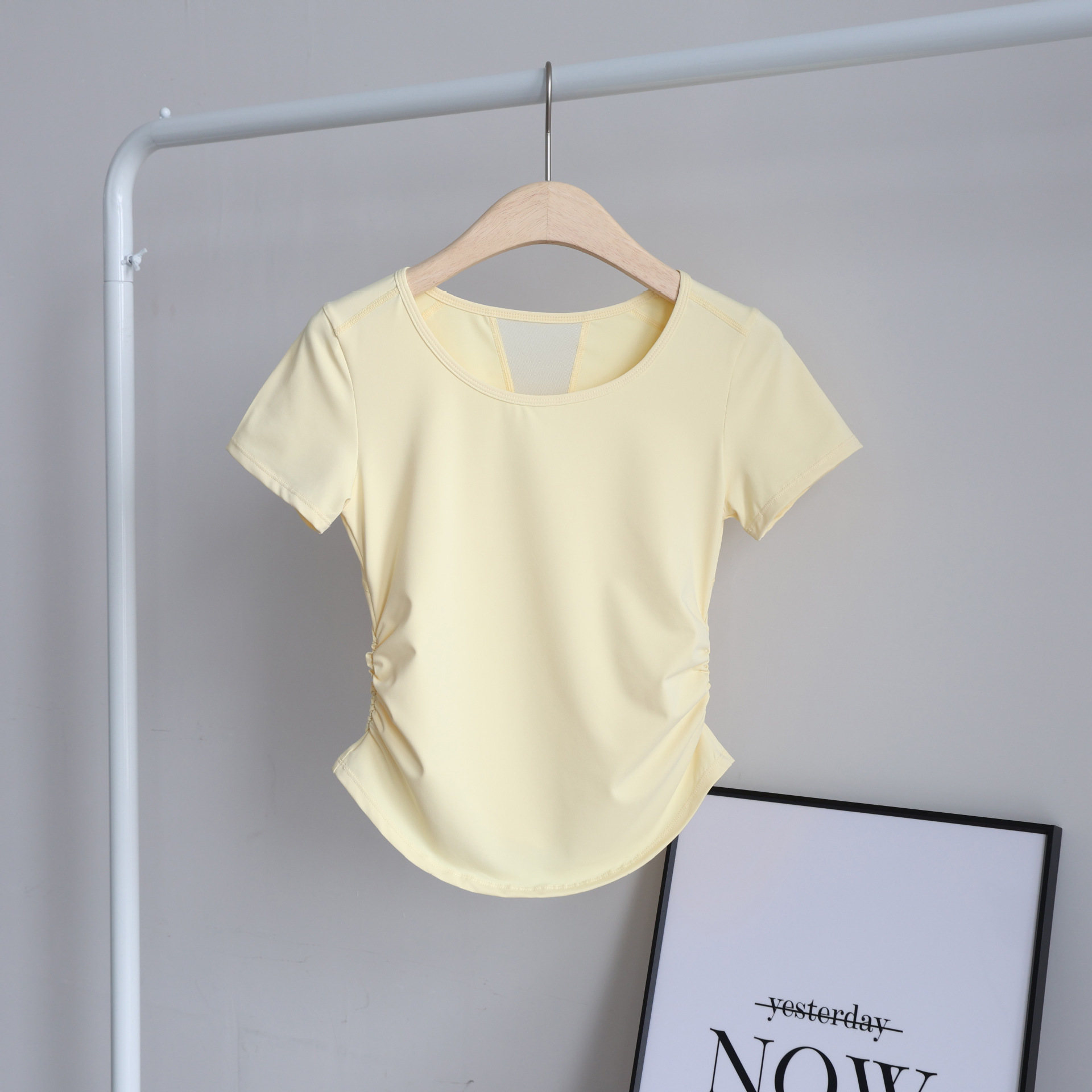 Sports Short-Sleeved Women's Summer Pleated Waist Fitness Training Top Mesh Splicing Breathable Quick-Drying Yoga Wear T-Shirt