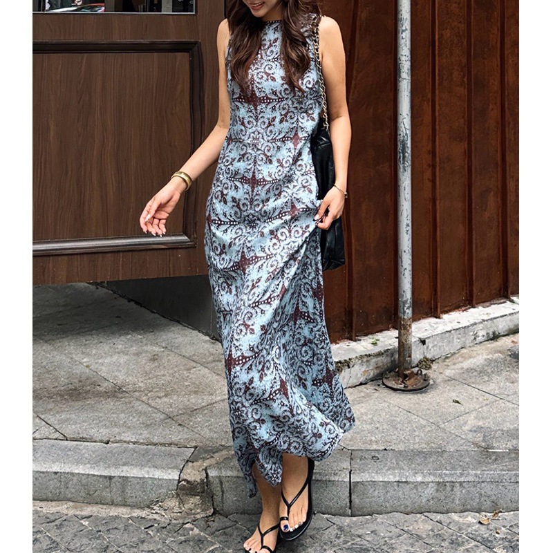 Trendy Fashion Summer New 2025 Round Neck Sleeveless Printed Dress Women's High-End Elegant Commuter Casual Skirt