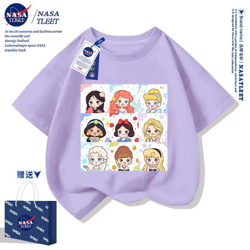 NASA совместно брендированная летняя одежда для мальчиков и девочек, принт Снежная Белоснежка, новый стиль, модная базовая футболка для учащихся начальной и средней школы