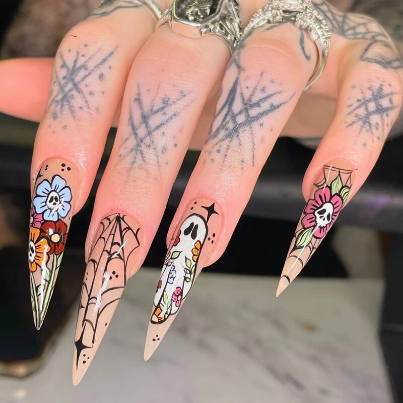 Halloween grimace hand-worn armor cross-border creative cartoon long pointed fake nails European and American hot girl style nail art