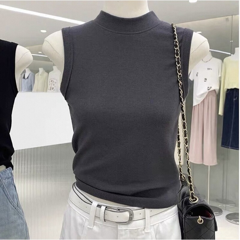 Spring and Autumn New Style Half-High Collar Sleeveless Vest for Women, Plus Size Versatile Outerwear and Innerwear Slim-Fit Base Shirt Top