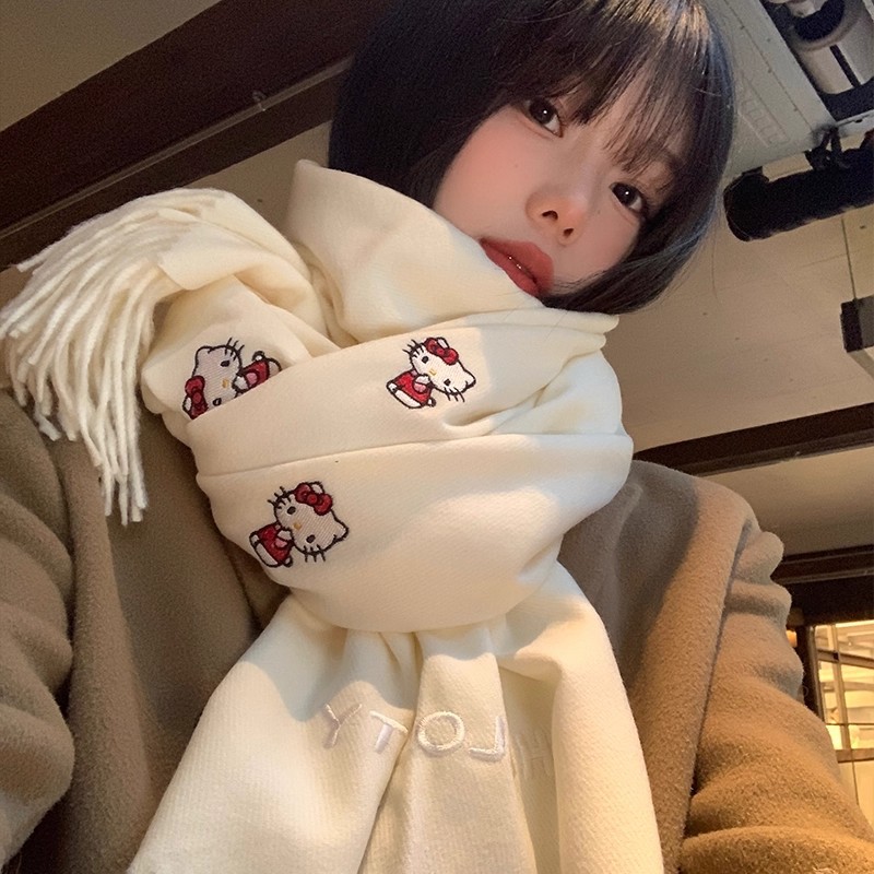 2025 Winter Officially Licensed Hello Kitty Embroidered Faux Cashmere Scarf for Women, Warm Neck Protector for Students