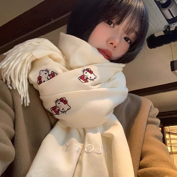 2025 Winter Officially Licensed Hello Kitty Embroidered Faux Cashmere Scarf for Women, Warm Neck Protector for Students